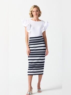 Joseph Ribkoff Navy and White Striped Midi Pencil Skirt Size 8